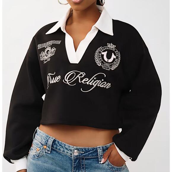 True Religion Tops - True Religion Embroidered Shrunken Polo Pullover, Black, Retail 134 USD